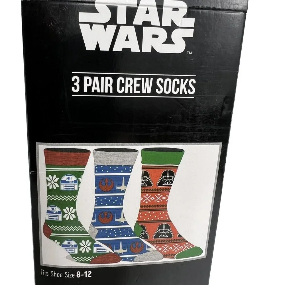 Disney Star Wars Men's Crew Socks 3 Pack Shoe Size 8-12 Bioworld Christmas Theme - Picture 7 of 12